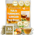 FreshDrinkUS, Premium 35 Tulsi Turmeric Ginger Tea Bags, 100% Natural & Pure from Tulsi Holy Basil Leaves, Turmeric and Ginger. Made with Natural Material Tea Bags. No Sugar, No Caffeine, Vegan.
