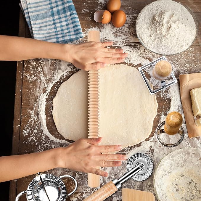 11 Pcs Pasta Making Tools Kit - Includes Wooden Gnocchi Board with Ravioli Stamp Cutter, Threaded Rolling Pin, Dumpling and Pasta Maker - Gift for Homemade kitchen Baking Lovers