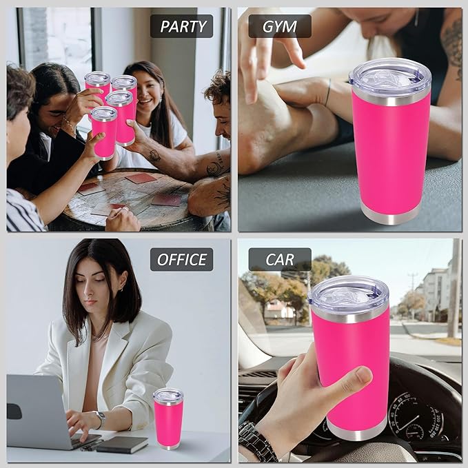 20oz Tumbler Bulk Stainless Steel Tumblers with Lid Vacuum Insulated Double Wall Travel Coffee Mug Powder Coated Tumbler Cup for Hot and Cold Drinks(Hot Pink, 12 pack)