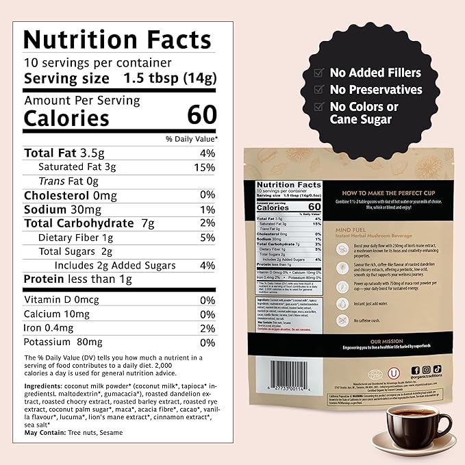 Organic Traditions Mind Fuel Instant Mushroom Coffee Alternative – Caffeine-Free Herbal Mushroom Drink - Organic Lion’s Mane, Maca, Dandelion & Chicory – Focus, Energy & Cognitive Support – 10 Servings – 140g, 7.4oz