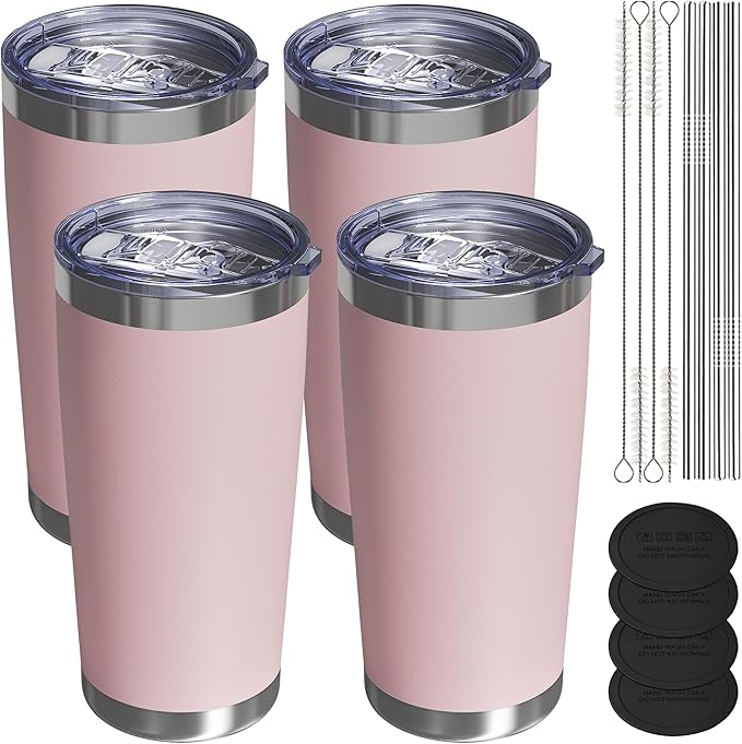 Travel Coffee Tumbler 20oz, 4 Pack Leakproof Travel Coffee Mug with Lid and Straw, Stainless Steel Double Wall Vacuum Insulated Tumbler for Hot/Iced Drinks (Textured Matte, Soft Pink)