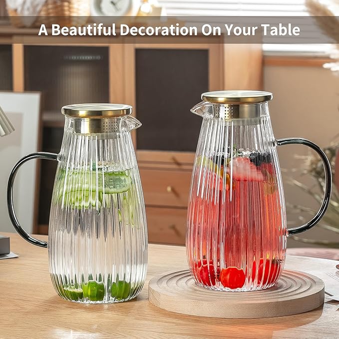 2 PACK Glass Pitcher with Lid and Spout,68 oz/2 Liter Vertical Stripes Water Pitcher for Fridge, Clear Borosilicate Glass Water Carafe for Cold Brew, Coffee, Lemonade, Sun Tea,Heat Resistant