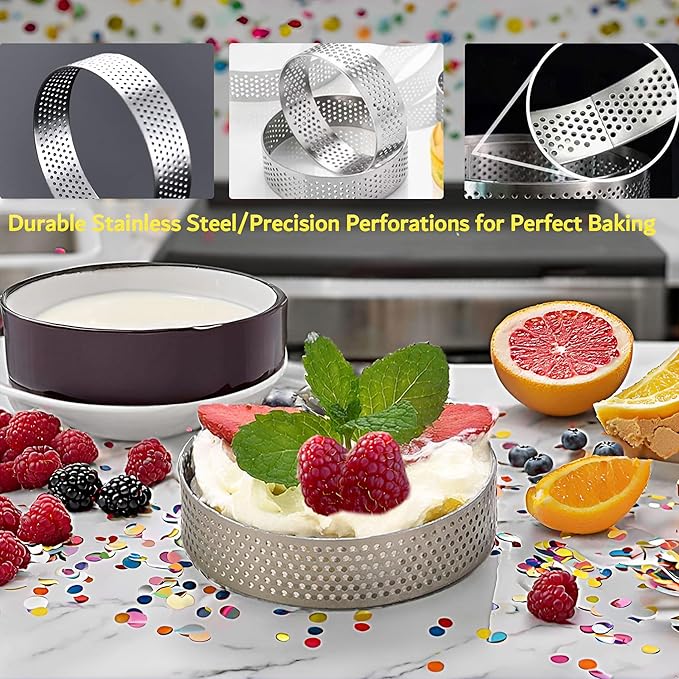 8Packs Perforated Tart Rings 4 Inch Stainless Steel Perforated Cake Rings, Round Tart Ring Molds for Cookies, fruit tarts, Prevent Soggy Crust & Even Baking