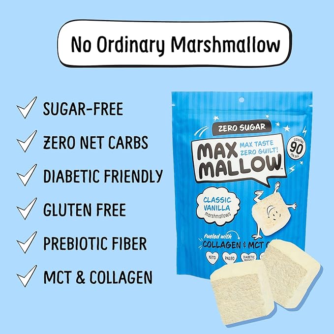 Max Mallow Sugar Free Marshmallows - Keto Friendly, Perfect for S'mores, Hot Chocolate, and Baking with Zero Sugar Snacks, Smores Mct Oil Zero Sugar Marshmellow Marshmallow Lightning Vanilla, Mint Chip, Cinnamon Toast, Burnt Caramel, Birthday Cake, & C...
