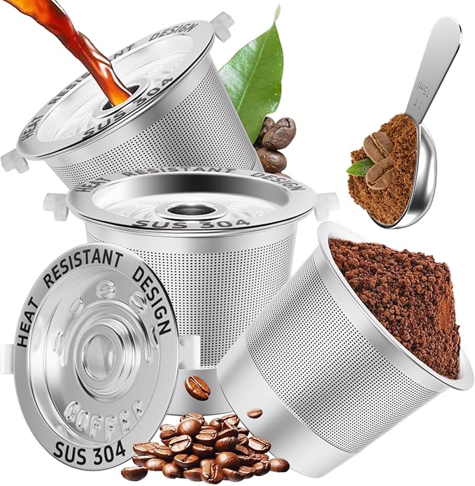 3 Pack Reusable K Cups Coffee Pods for Keurig 1.0: Stainless Steel Refillable K Cups - Reusable Coffee Filters for Keurig Coffee Machine, SUS 304‌, BPA-Free, Heat Resistant Handles, Scoop