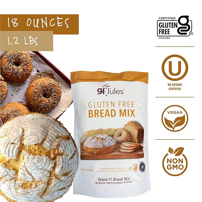 gfJules Certified Gluten Free Bread Baking Mix | Loaf, Baguettes, Bagels, Focaccia and more | No Grit, Non-GMO, Vegan | Certified Top 9 Allergen-Free & Kosher | 18 Ounces