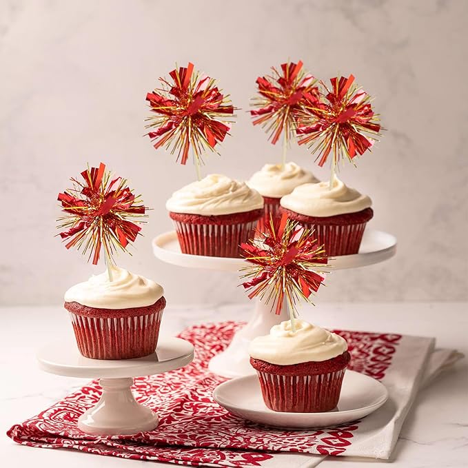 Gyufise 20Pcs Foil Firework Cupcake Toppers Sparkle Tinsel Cake Toppers Tinsel Drink Cake Decoration Cocktail Picks for Birthday Wedding Graduation Party Supplies Gold Red