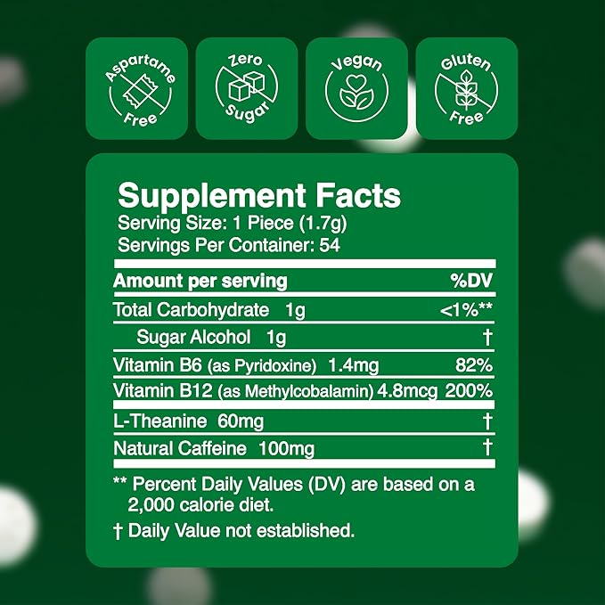 Neuro Energy & Focus Gum, Extra Strength - 100mg Natural Caffeine Gum & Nootropic Energy Supplement with L-Theanine & B Vitamins - Sugar Free, Vegan - Spearmint, 54ct