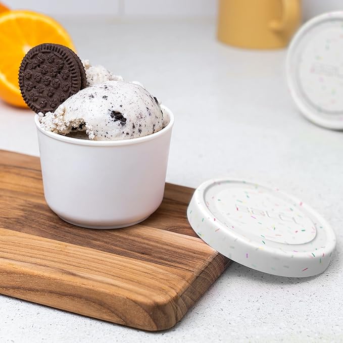 BALCI - 8oz Mini Ice Cream Containers with Silicone Lids (Set of 4) - Freezer Food Storage Containers, Reusable, LeakProof, For Homemade IceCream Containers - White with Sprinkles