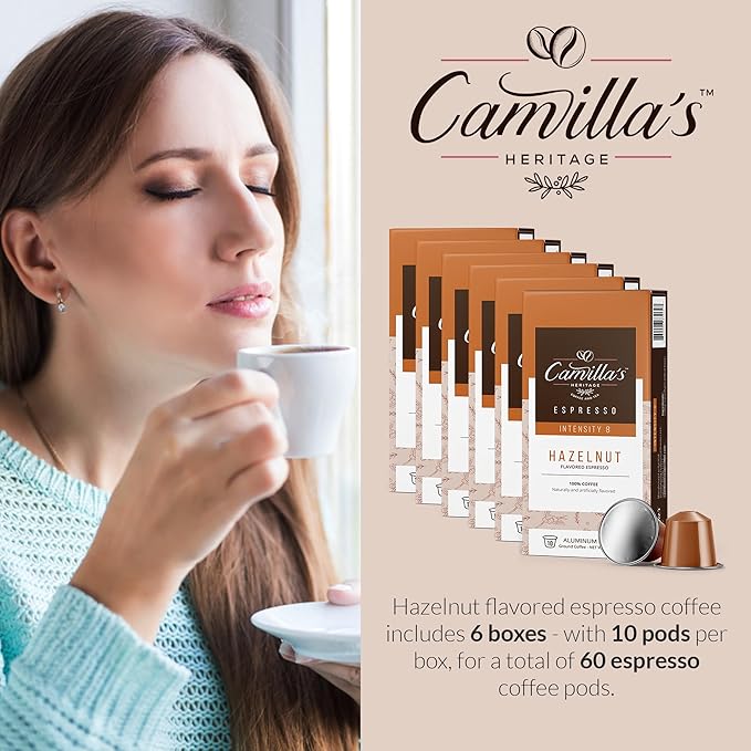 Camilla’s Heritage - Intensity 8 Hazelnut Flavored Espresso Coffee, Gourmet Espresso Cups, 60 Coffee Pods
