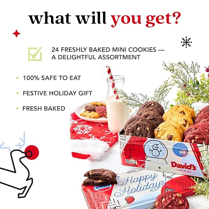 David's Cookies Christmas Cookies Gift Box - Fresh Baked Assorted Mini Cookies in Winterwonderland Tin with Chocolate Chip, White Chocolate Chip & Red Velvet - Gourmet Holiday Food Gift Basket