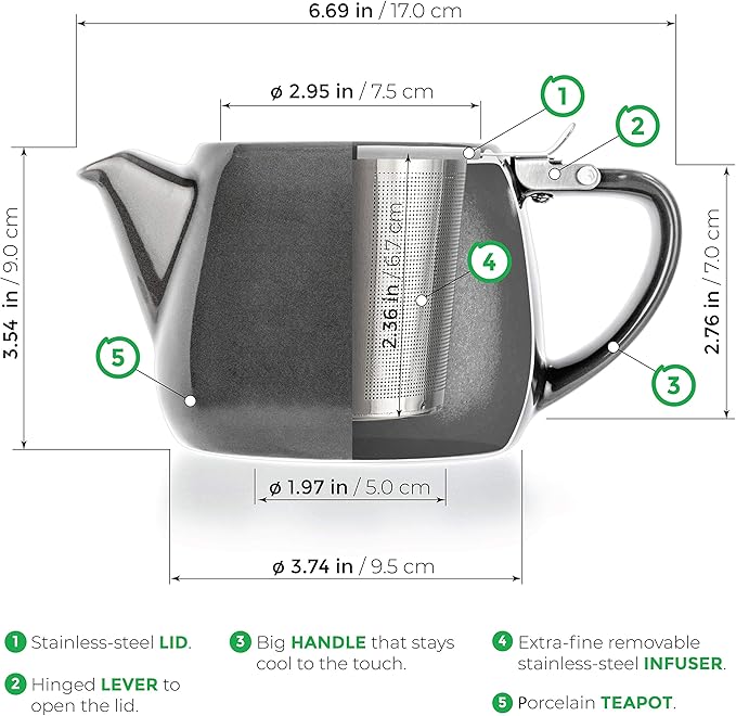 Tealyra - Pluto Porcelain Small Teapot Grey - 18.2-ounce (1-2 cups) - Unique Finish - Stainless Steel Lid and Extra-Fine Infuser To Brew Loose Leaf Tea - 540ml