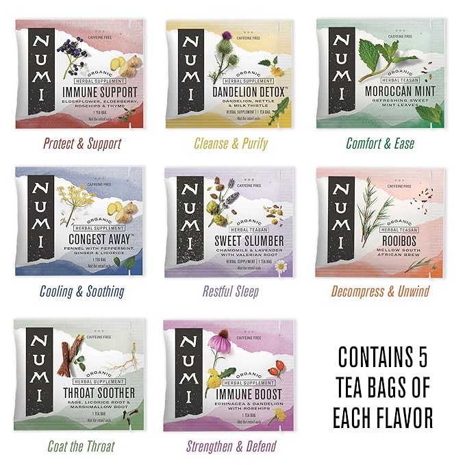 Numi Organic Tea Self-Care Sampler, Herbal Tea Gift Set, 40 Tea Bags Assortment
