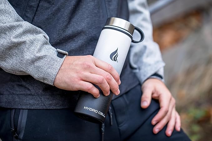 HYDRO CELL Stainless Steel Insulated Water Bottle with Straw - For Cold & Hot Drinks - Metal Vacuum Flask with Screw Cap and Modern Leakproof Sport Thermos for Adults (Black/White 18oz)