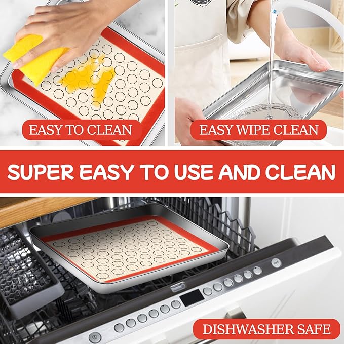 Baking Sheet with Silicone Baking Mat Set,CEKEE Stainless Steel Baking Sheet Pan Tray, Cookie Sheets for Baking, 6PCS Baking Supplies Bakeware Sets for Oven Making Cookies, Macaroons, Bread