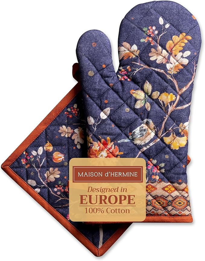 Maison d' Hermine 100% Cotton Oven Mitt & Pot Holder Set (7.5"x13" & 8"x8") Heat Resistant BBQ Cooking Gloves with Loop, Baking, Grilling, Kitchen, Handling Hot Pans (Kelim - Infinity)