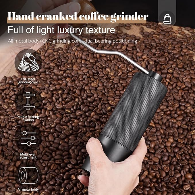 Manual Coffee Grinder Capacity 25 Grams, Stainless Steel Burrs - Wooden Handle, Burr Coffee Grinder for Home, Office, Camping, Hiking (Grey)