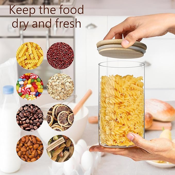 40oz Round Glass Storage Containers with Lids, Clear Food Storage Container Jar with Sealing Bamboo Lid for Noodles Flour Cereal Rice Sugar Tea Coffee Beans, Round Set of 3