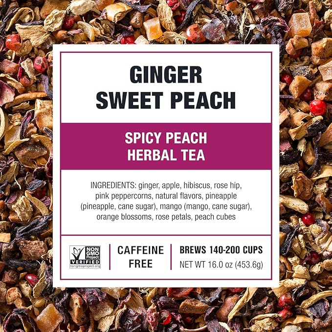 Tiesta Tea - Ginger Sweet Peach, Spicy Peach Herbal Tea, Tranquility Blend, Loose Leaf, Non-Caffeinated Hibiscus & Cane Sugar, Brews Up to 200 Cups, 16oz Bulk Pouch