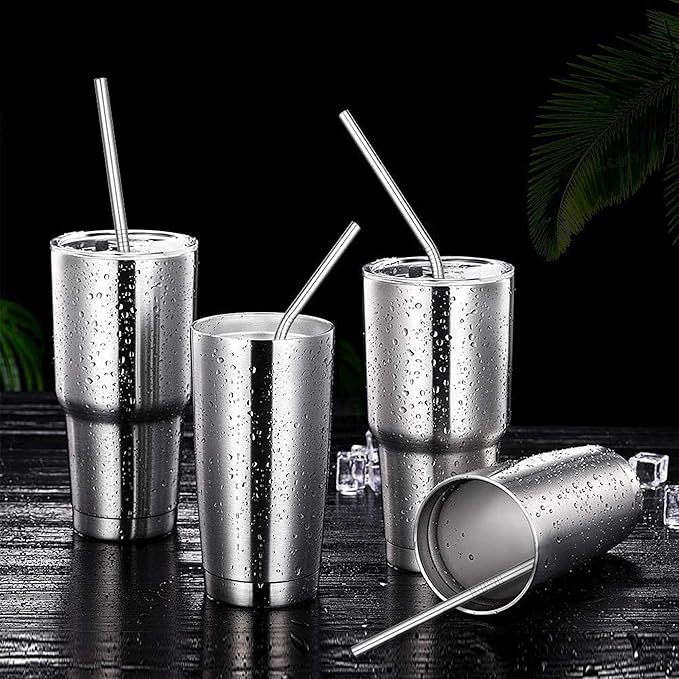 Set of 4 Reusable Metal Straws, Long Stainless Steel Straw with Cleaning Brushes and Case, Drinking for 30 oz and 20 oz Tumblers.