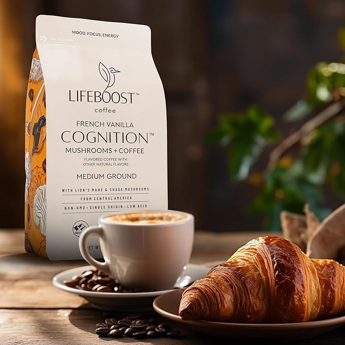 Lifeboost French Vanilla Cognition Mushroom Coffee - Low Acid Medium Organic Coffee with Nootropic Lions Mane & Chaga Mushrooms - Increase Energy, Boost Focus & Immune Support - 12 oz Bag - Ground