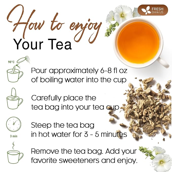 FreshDrinkUS, Premium 75 Marshmallow Root Tea Bags, 100% Natural & Pure from Marshmallow Root, Eco-Conscious Tea Bags, Herbal Tea. No Sugar, No Caffeine, No Gluten, Vegan.