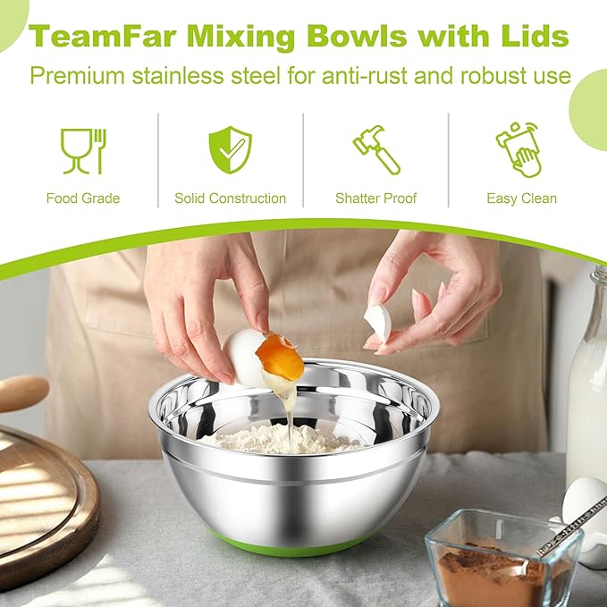 TeamFar Mixing Bowls, Stainless Steel Mixing Bowls with Lids, Nesting Salad Bowls with Air-tight Lids & Non-slip Bottom, Dishwasher Safe & Stackable, Set of 6-4.6/2.6/2 / 1.5/1 / 0.7 Qt