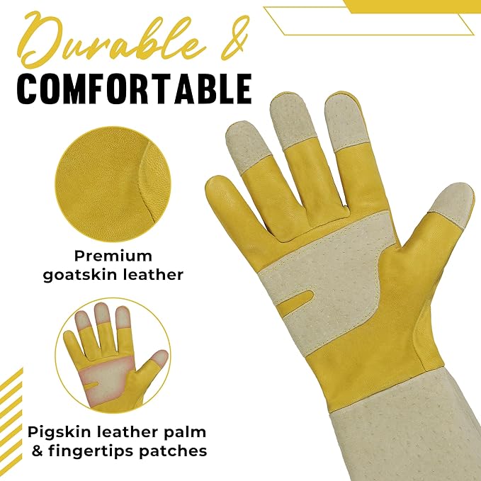 HANDLANDY Rose Pruning Gardening Gloves for Men Women, Thorn Proof Forearm Protection Leather Garden Gloves, Gardening Gifts for Gardeners (Yellow- goatskin, Medium (Pack of 1))