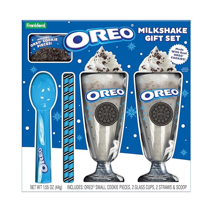 Oreo Milkshake Gift Set, Includes Oreo® Cookie Pieces, 2 Glass Cups, 2 Straws & Ice Cream Scoop, Dessert Kit & Gift Idea, by Frankford Candy