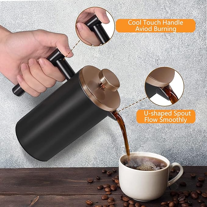 Small French Press 350ml Black, Double-Wall Insulated French Press Coffee Press Stainless Steel for travel camping, Single Cup Pour Over Coffee Maker Black(1 cup, 12 OZ)