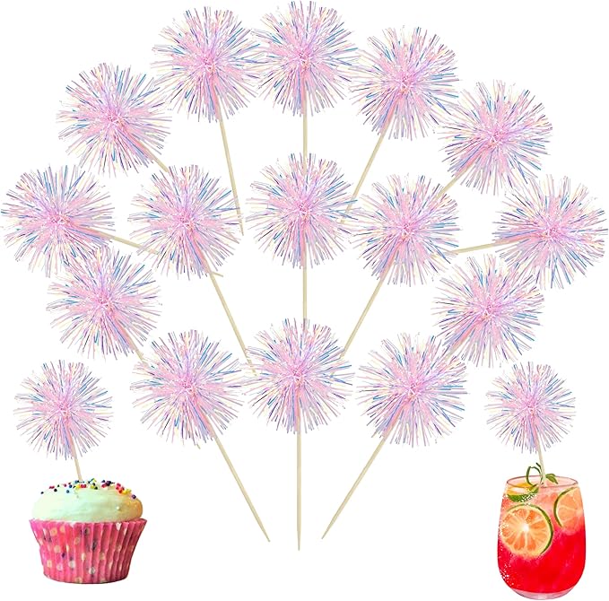 Ephlyn 30Pcs Foil Firework Cupcake Toppers Happy Birthday Cake Toppers Tinsel Flower Drink Stirrers Cocktail Food Fruit Toothpicks for Valentine's Day Party Decorations Pink