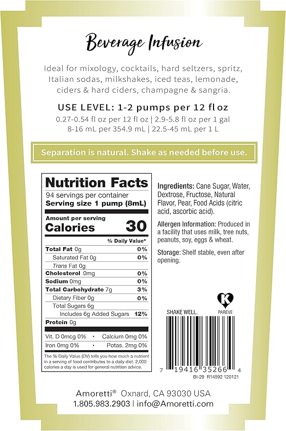 Amoretti - Pear Beverage Infusion, 94 Servings Per Bottle (750 ml) - Drink Mix & Water Enhancer with Pump for Flavoring Cocktails, Waters, Teas, and other Beverages, Preservative Free