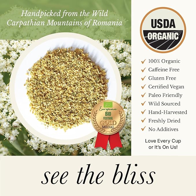 Wild Bliss Organic Elderflower Tea – Immune and Respiratory Support - Caffeine Free Loose Leaf Elder Flowers - 5.29 Ounces - 60 Servings