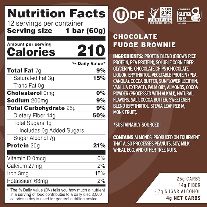 No Cow High Protein Bars, Chocolate Fudge Brownie - Healthy Snacks, 20g Vegan Protein, High Fiber, Low Sugar, Keto Friendly, Dairy & Gluten Free (12 Count)