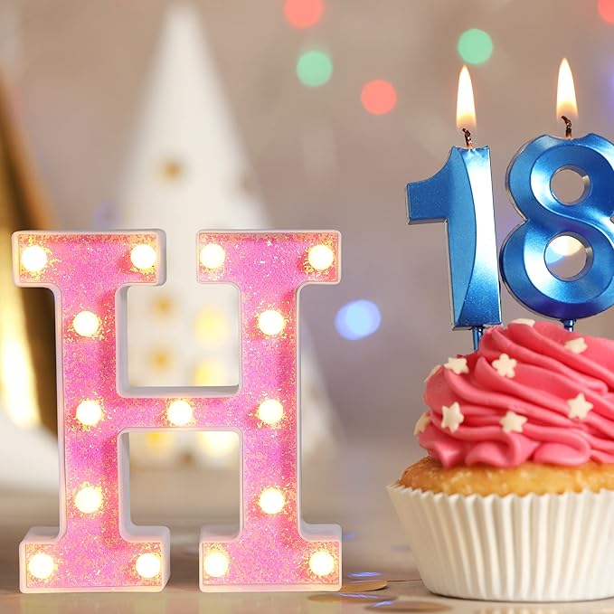 Foaky Pink Light up Letters，Pink Party Decorations,Girls Room Decor,Glitter Light Up Letters,Alphabet Letter Sign for Night Light Birthday Party Girls Gifts, Home Bar Decoration（E）