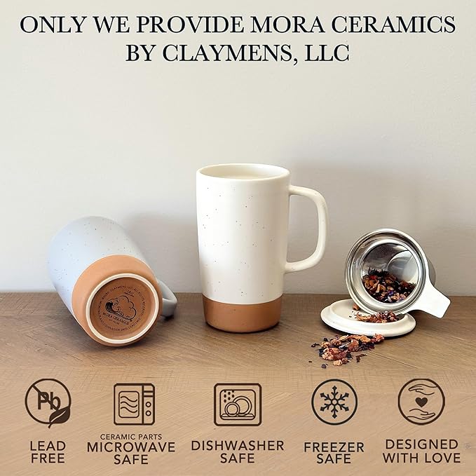 Mora Ceramics Large Tea Mug with Loose Leaf Infuser and Ceramic Lid, 18 oz, Portable, Microwave and Dishwasher Safe, Tall Coffee Cup - Rustic Matte Ceramic Glaze, Modern Herbal Tea Strainer, Cotton
