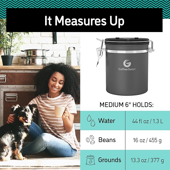 Coffee Gator Coffee Canister, 16oz Airtight Stainless Steel Kitchen Food Storage Container with Date Tracker, CO2-Release Valve and Scoop for Sugar, Beans, Tea, Sugar, Cereal, Cookies Jars - Black