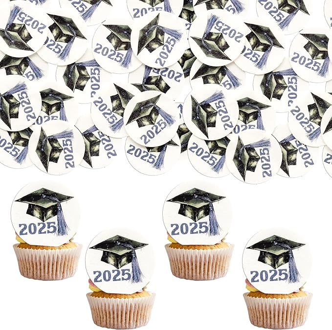 Gyufise 48Pcs Edible 2025 Graduation Cap Cupcake Toppers Wafer Paper Class of 2025 Grad Cap Cupcake Picks for 2025 Graduation Theme Party Cake Decorations Supplies Purple