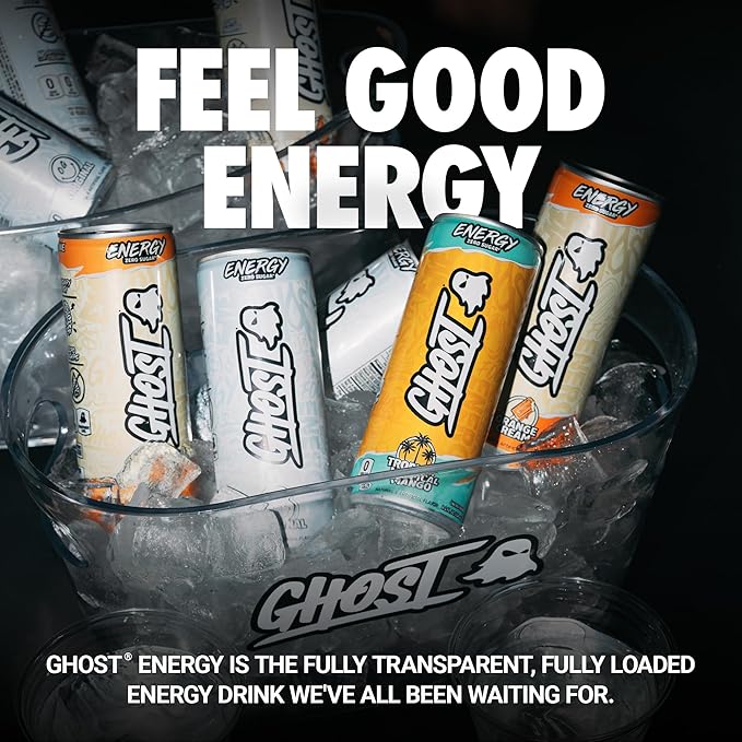 GHOST Energy Drink - 24-Pack, Tropical Mango, 8.4oz - Energy & Focus & No Artificial Colors - 100mg of Natural Caffeine, L-Carnitine & Taurine - Gluten-Free & Vegan