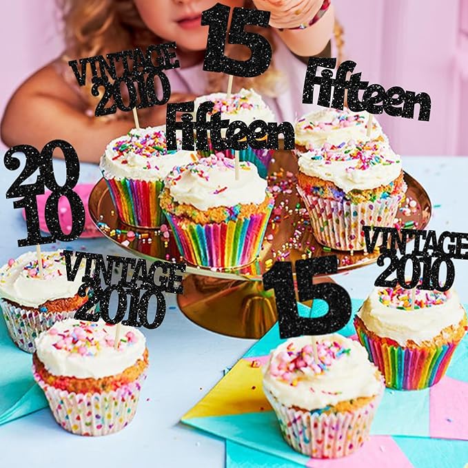 Gyufise 24Pcs 15th Birthday Cupcake Toppers Glitter Fifteen Vintage 2010 Sweet 15 Cupcake Picks Hello 15 Years Birthday Cake Decorations for Happy 15th Anniversary Party Supplies Black