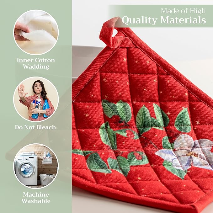 Maison d' Hermine Pot Holders 100% Cotton Heat Resistant Potholders 8" x 8" Hot Pads with Loop BBQ, Cooking, Baking, Grilling, Kitchen, Handling Hot Pans (Pack of 1, Noel)