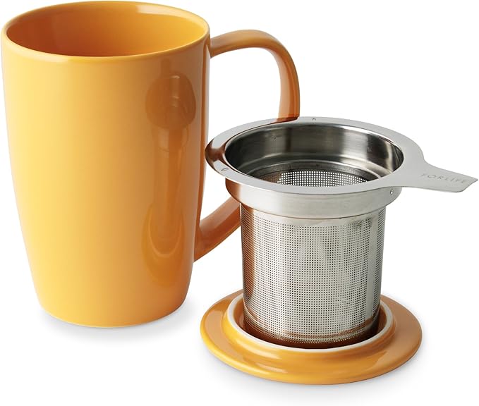 FORLIFE Curve Tall Tea Mug with Infuser and Lid 15 ounces, Mandarin