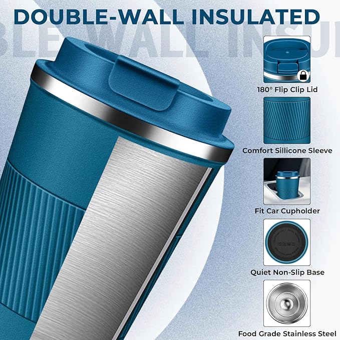 Insulated Coffee Tumbler 12 oz, Stainless Steel Coffee Mug with Lids, Travel Coffee Mug Leak Proof, Double Wall Vacuum Insulated Reusable Coffee Cup, Keep Drinks Hot and Cold (Deep Teal, 12 Ounces)