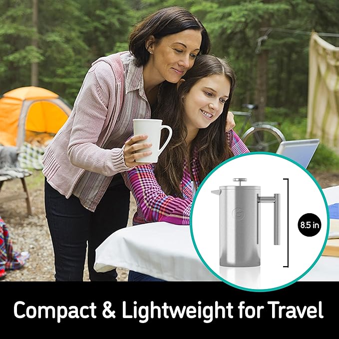Coffee Gator French Press Coffee Maker 34oz, Double Insulated Stainless Steel Brewer plus Travel Jar Canister, Portable Hot Cold Brew for Coffee Bar Accessories Kitchen Camping, Silver