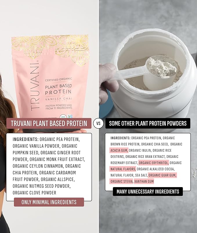 Truvani Vegan Pea Protein Powder | Vanilla Chai | 20g Organic Plant Based Protein | 20 Servings | Keto | Gluten & Dairy Free | Low Carb | No Added Sugar