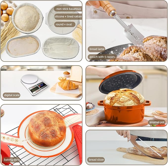 4 Color Complete sourdough bread makin Starter Kit,Sourdough Bread Baking Supplies for Beginner with Pot, Banneton Bread Proofing Baskets, Starter Jar, Scraper, Bread Making Tools & More (Orange)