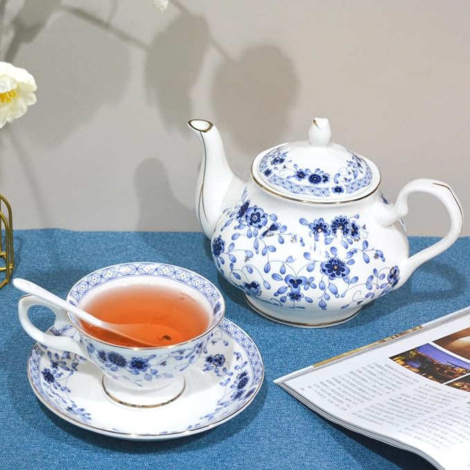Bone China Tea Set, 21-Pieces Porcelain Tea Set for Adults, Tea Cups And Saucers for 6, with Teapot, Spoons, Sugar Bowl, Creamer Pitcher, Vintage Tea Set for Women Tea Party (Blue)