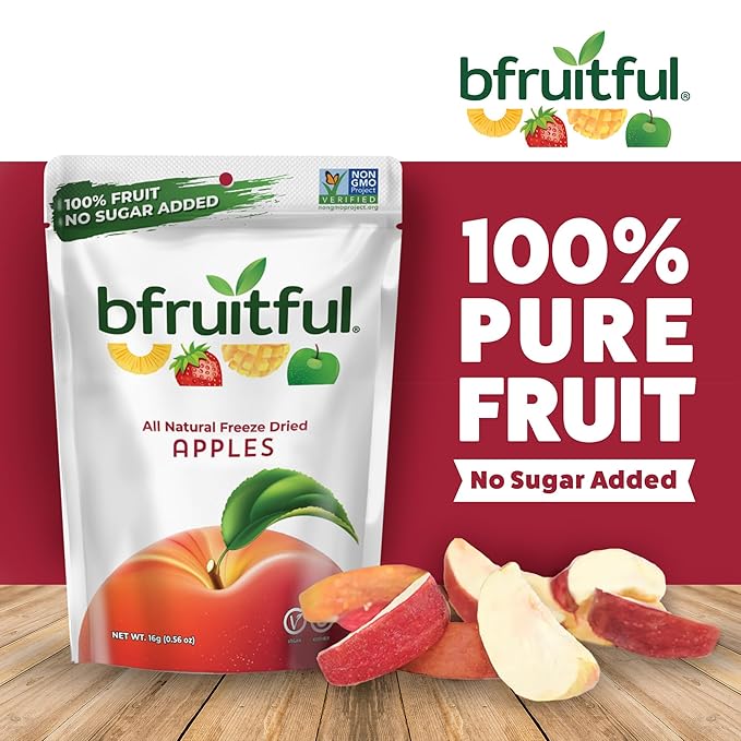 bfruitful Freeze-Dried Apple, Freeze Dried Fresh Fruit Bites, Gluten Free, Vegan, Dairy Free, Kosher, No Sugar Added, Non GMO, Healthy Snacks for Kids or Adults, 0.56 oz Single-Serve Snack Packets, 12 Pack