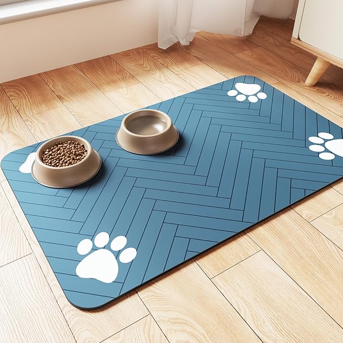 Pet Feeding Mat-Absorbent Pet Placemat for Food and Water Bowl, with Waterproof Rubber Backing, Quick Dry Water Dispenser Mat for Dog and Cat (17"x27", Blue)