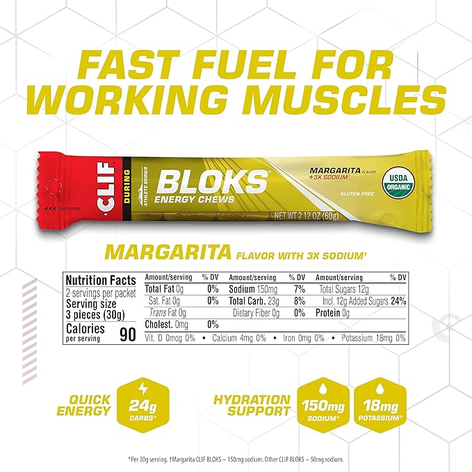 Clif Bloks - Margarita Flavor with 3X Sodium - Energy Chews - Non-GMO - Plant Based - Fast Fuel for Cycling and Running - Quick Carbohydrates and Electrolytes - 2.12 oz. (18 Count)